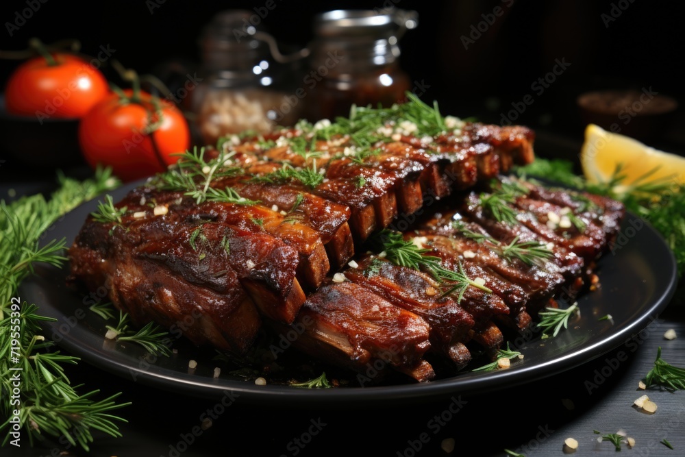Side view of lamb ribs grilled with garlic cloves tomatoes and salt on a plate, generative IA