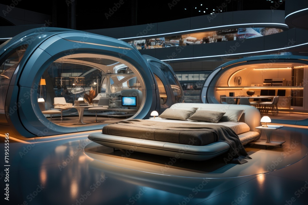 Futuristic Scenario Technological room with smart devices and voice lighting., generative IA