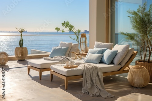 Apartment by the sea with serene porch and spectacular view.  generative IA