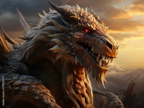 Beautiful dragon on a mountain at sunset