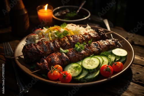 Superior view of a delicious slate kebab with salad and ketchup, generative IA