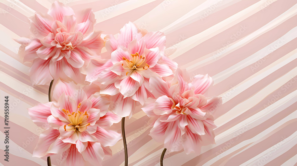 Three pink flowers on a gold and white striped background