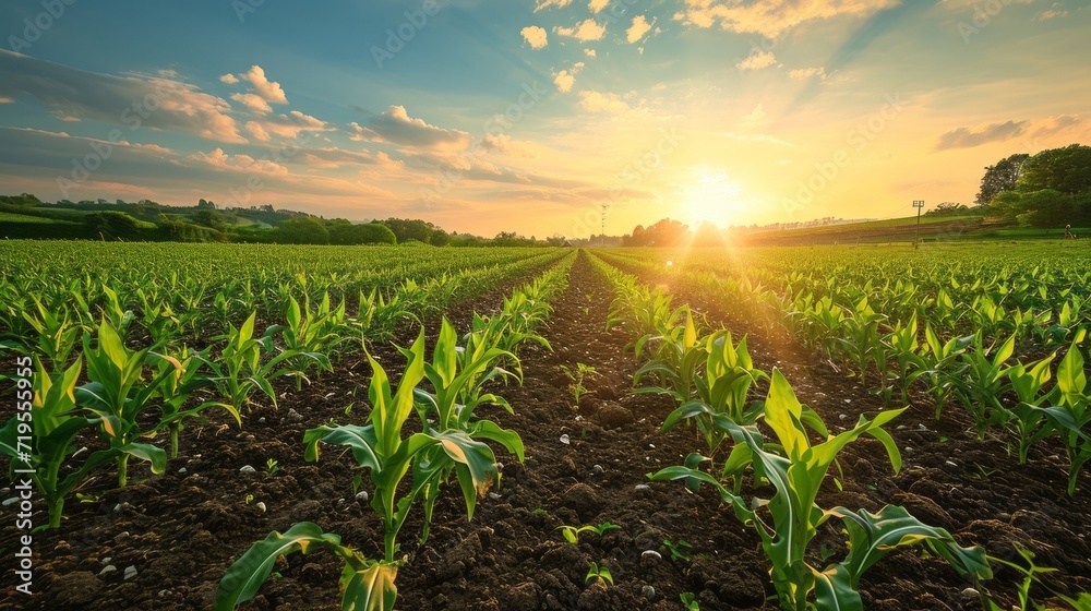 Watering of wheat, rye or corn green seedlings in a vast field. Modern automated agriculture system with irrigation sprinklers spraying water over lush crops on beautiful sky background. Watering of wheat, rye or corn green seedlings in a vast field. Modern automated agriculture system with irrigation sprinklers spraying water over lush crops on beautiful sky background.