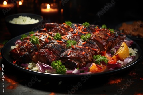 Grilled superior view of meat with vegetables and lettuce with grated cheese on a plate, generative IA