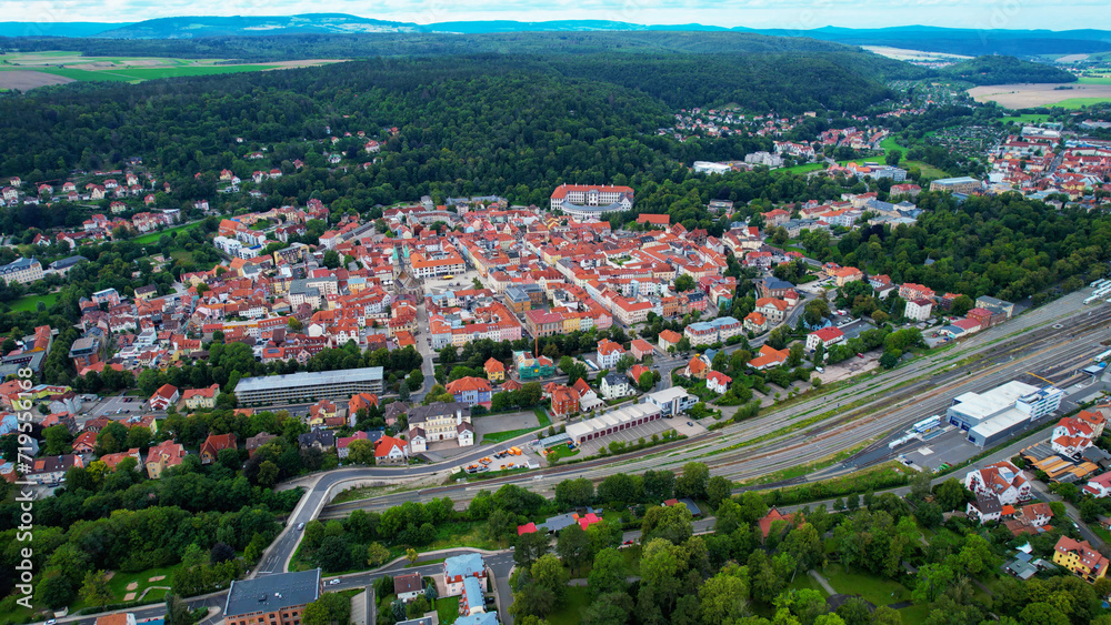 Aeriel of the old town of the city Meiningen in Germany on a late summer day	