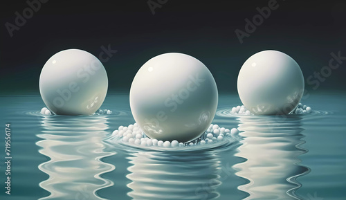 Three white balls floating on top of a body of water