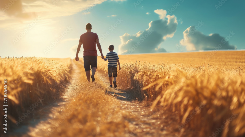 Father and son holding hands walking on country road on wheat field Father and son holding hands walking on country road on wheat field