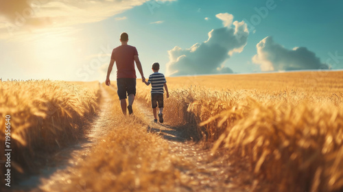 Father and son holding hands walking on country road on wheat field