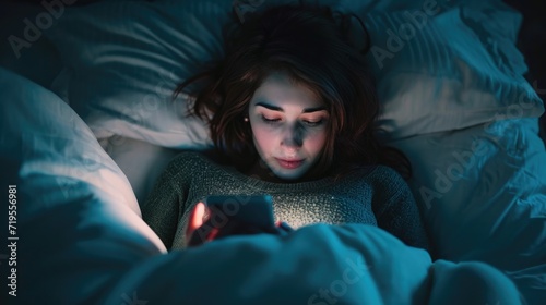 Girl using mobile phone in bed in the dark