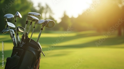 Golf bag and clubs in front of a blurred golf course background