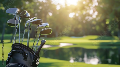 Golf bag and clubs in front of a blurred golf course background photo