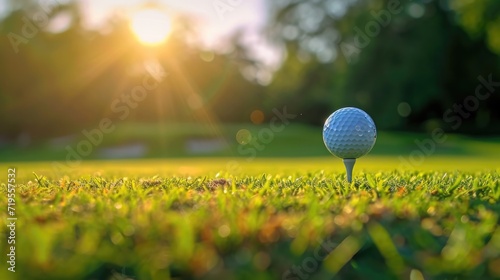 Golf ball on green grass ready to be struck on golf course