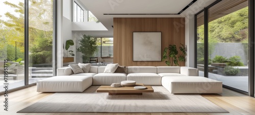 Modern minimalist living room interior in luxurious villa. White sofa with cushions, wooden coffee table, rug on the floor, panoramic windows with garden view. Contemporary interior design.