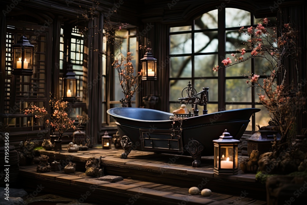 Eastern bathroom Dark wood, flashlights and Asian decoration create serene environment., generative IA