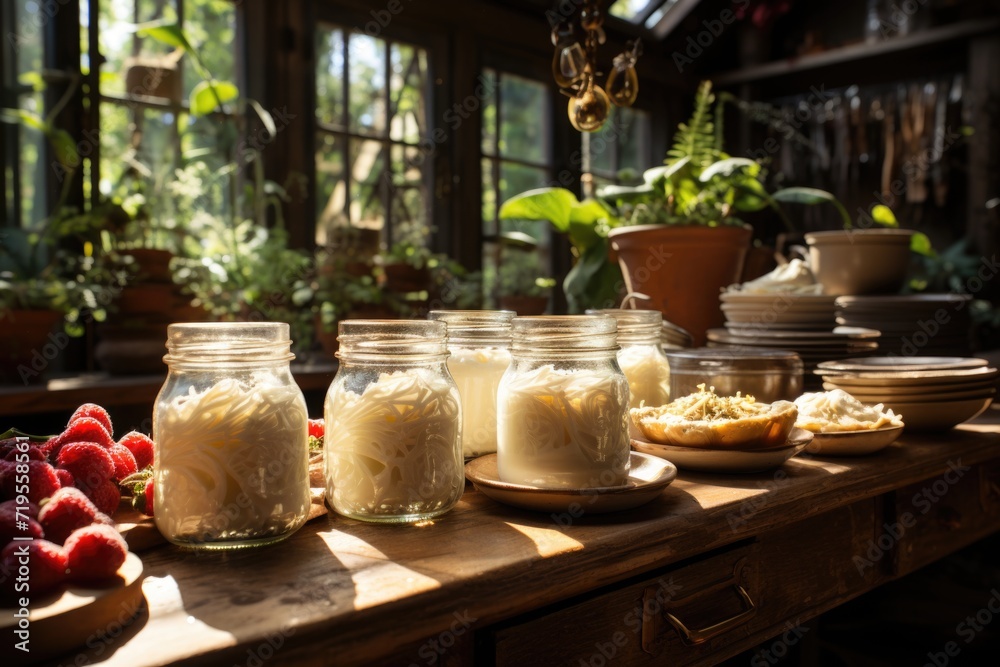 Homemade pudding in a rustic farm kitchen with windows that let the sunlight come in., generative IA