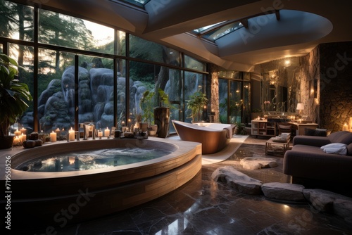 Luxurious bathroom bathtub, double sinks and elegant coatings., generative IA © JONATAS