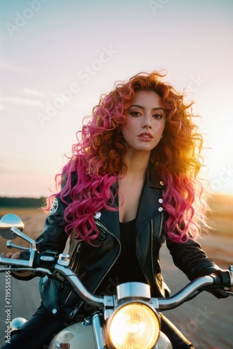 A woman with pink hair sits on a motorcycle.
