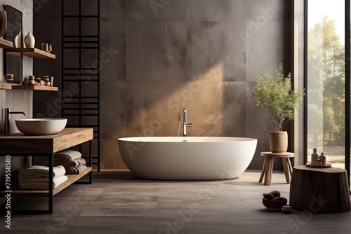 Minimalist bathroom neutral tones, modern lines and serenity., generative IA