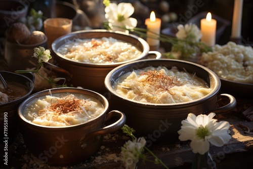 Turkish Sutlac Stock Stover Rice Pudding in Hazeln clay casserola, generative IA photo