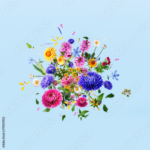 Fototapeta Naklejka Na Ścianę i Meble -  Colorful spring flowers on blue background. Spring is here concept with exploding flowers and petals. 3D Rendering, 3D Illustration