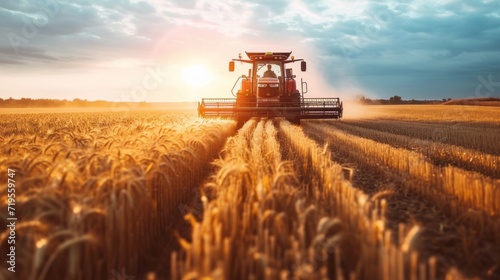 Front view of modern automated combine harvesting wheat ears on a bright summer day. Grain harvester in a vast golden wheat field. Blue cloudy sky with bright setting sun in the background.