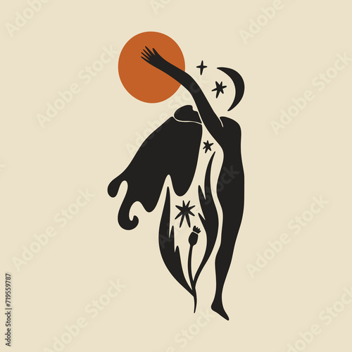 Sacred woman in Matisse style, meditating magic Reiki silhouette drawing, Bali moon wild young girl moon child.