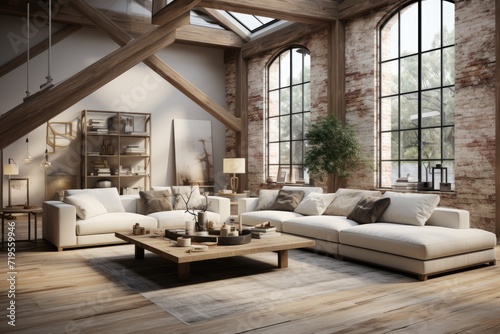 Modern minimalist loft with neutral tones and elegant furniture, illuminated by large windows., generative IA © JONATAS