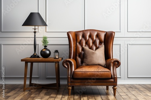 Isolated in white background, center aligned, Vintage room,black leather wing chair with wood table and gold floor lamp ,3d render © TIYASHA