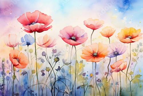 Watercolor cosmos meadow flowers field with sky background, summer spring flower art illustration