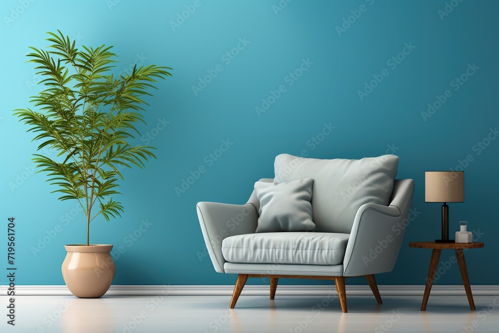 Isolated in white background, center aligned, nterior design of living room with armchair on empty bright blue wall background.3D rendering