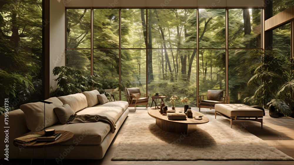 Livingroom with nature forest view, interior, room, window, home, house, furniture, table,  luxury , design, sofa, architecture, garden, chair, living, wood, hotel, view, patio, indoor, floor