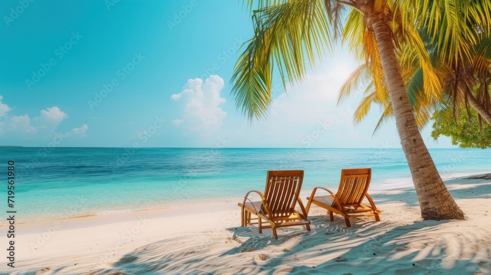  Chairs on the sandy beach near the sea