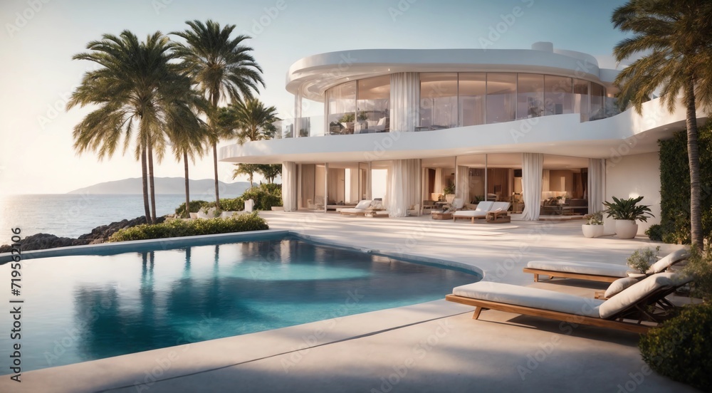Luxury villa by the sea with pool in garden. Generative AI