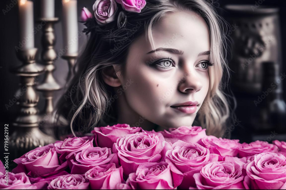 Candid photo portrait of a young woman of natural beauty, portrait, close-up, with a huge bouquet of roses, perfect light, chiaroscuro