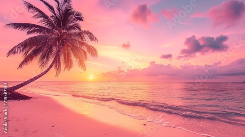 Beautiful sunset tropical beach with palm tree and pink sky