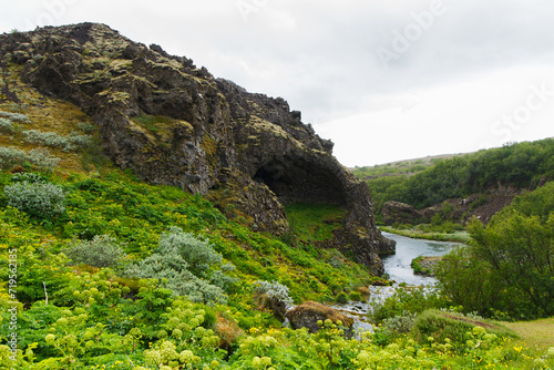 Rock Formation in Gjain Valley in Spring in the Highlands of Iceland