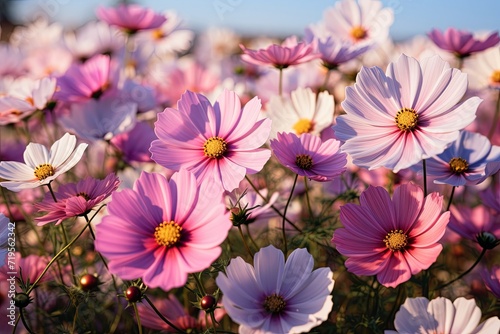 Beautiful cosmos meadow flowers field with sky background  Colorful wild flower or summer nature spring flower art