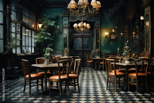 Vintage Scenario Wooden table, velvet chairs and old lamps in retro dining room., generative IA © JONATAS