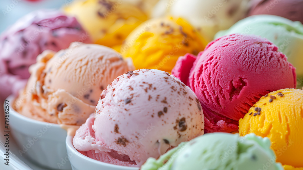 Scoop of ice cream in pastel colors. Close-up of ice cream scoops in vibrant colors and flavors. Assorted gourmet ice cream in bowls with fruity and chocolate notes Scoop of ice cream in pastel colors. Close-up of ice cream scoops in vibrant colors and flavors. Assorted gourmet ice cream in bowls with fruity and chocolate notes