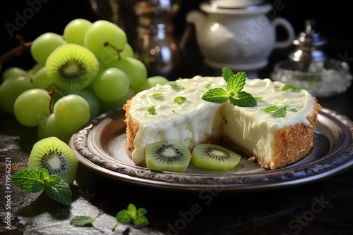 Rarspamboes -decorated rice pudding and a slice of kiwi on a marble table tablecloth., generative IA