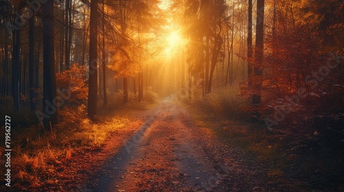  forest path bathed in the warm glow of sunset