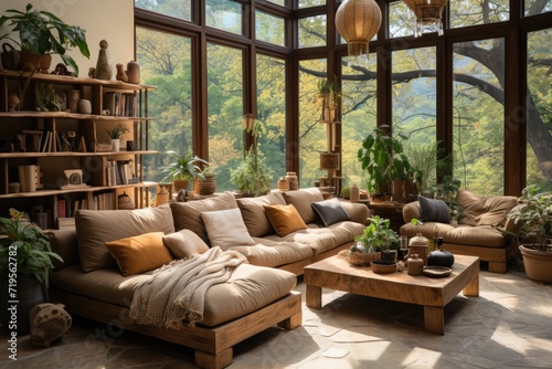 Rustic room with wooden furniture, country elements and natural rugs., generative IA