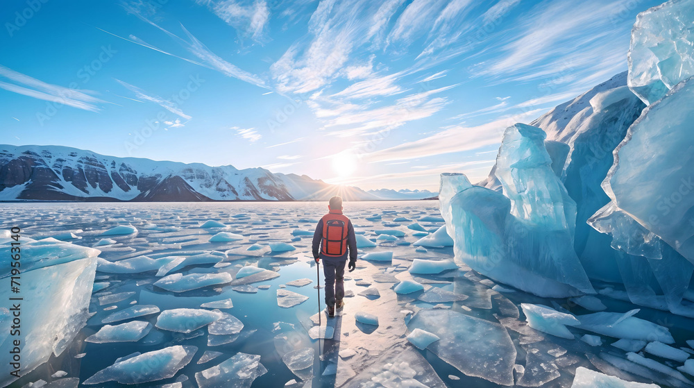 A man stands on a frozen lake surrounded by ice. The sun is setting in the background
