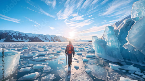 A man stands on a frozen lake surrounded by ice. The sun is setting in the background