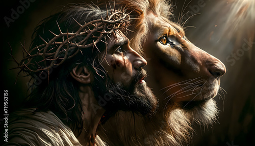 Jesus stands on the left side with a crown of thorns on his head and blood on his face. He looks at a lion on the right side of the image