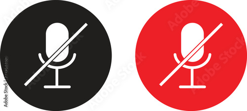 Mute microphone icon set in red and black colors isolated on white background . Microphone muted icon . Vector illustration