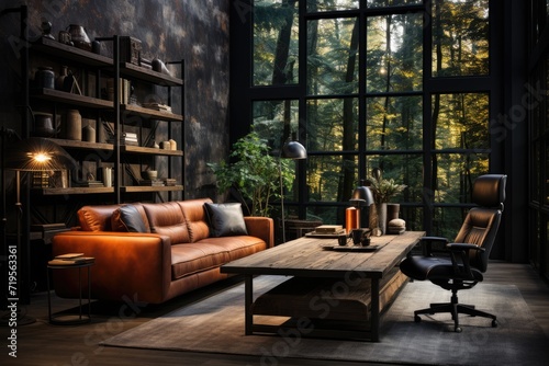 Elegant male office, sober furniture, dark tones and solid atmosphere., generative IA © JONATAS