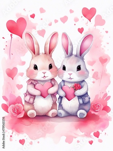 Beautiful Happy Valentine's Day holiday watercolor art, greeting card design with two cute kawaii cartoon bunnies in love with hearts backgroung. Bunny couple in love with valentines hearts design