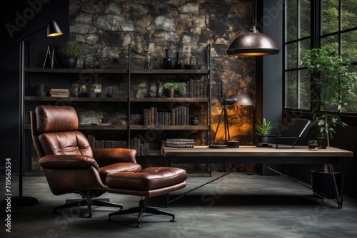 Elegant male office, sober furniture, dark tones and solid atmosphere., generative IA