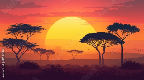Sunset in Africa  savanna landscape vector illustration